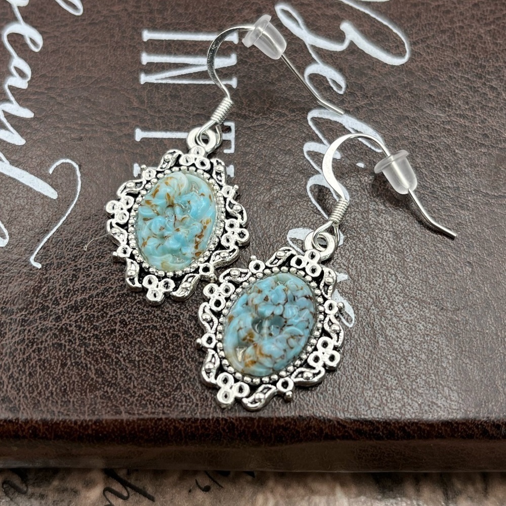 Vintage Carved Spotted Turquoise Resin Oval Cabochons Steel Dangle Earrings - Picture 3 of 7
